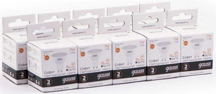 Лампа светодиодная Gauss Elementary MR16 7Вт цок.: GU10 спот 220B 3000K св. свеч. бел. теп. (упак.: 10 шт)