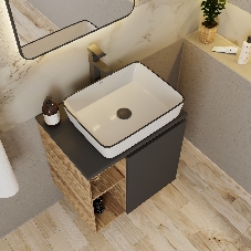 Тумба Bau Dream Blackwood 60 правая, графит, раковина BAU Hotel Black Rand 48х37, смеситель для раковины высокий, выпуск клик клак