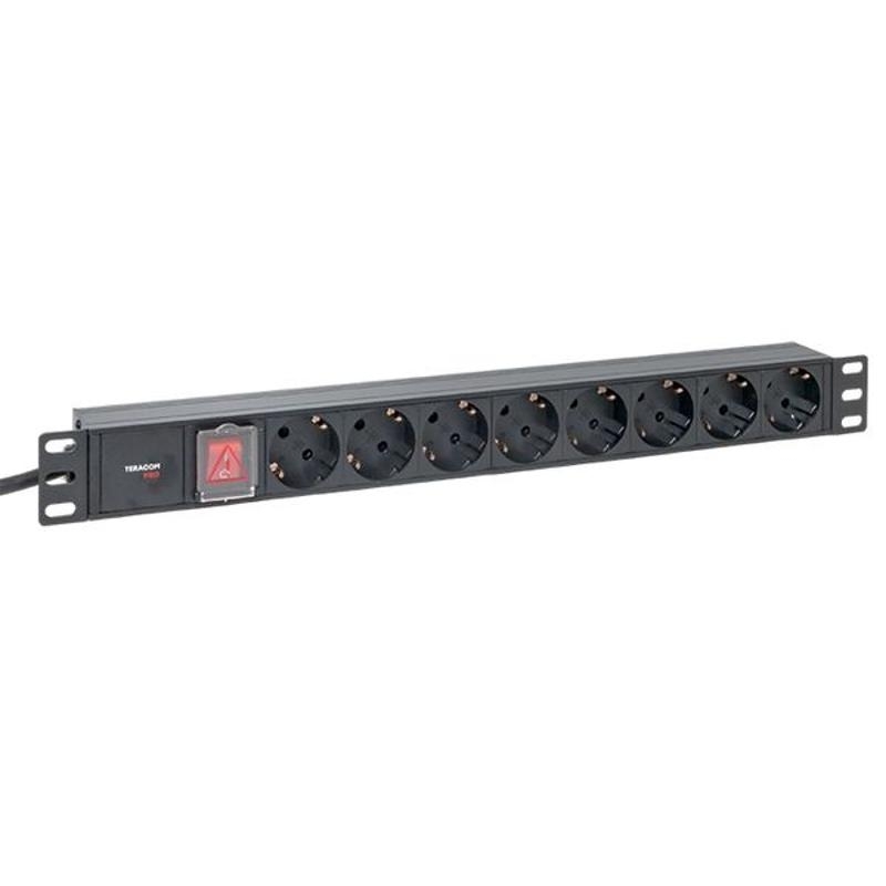 Блок розеток PDU TERACOM PRO 19'' 1U 16А/250В 8 розеток Schuko с выключателем шнур питания длиной 2 метра сечение 3x1.5 мм2 вилка Schuko корпус алюминий черный