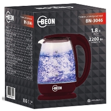 Электрочайник BEON BN-3046 бордовый, 1.8 л, 2200 Вт, скрытый нагревательный элемент