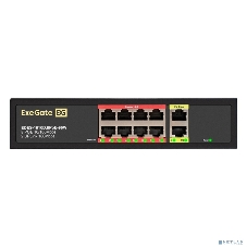 Коммутатор неуправляемый ExeGate EDES-1010D.8PoE-96W (10-портовый UTP 10/100 Base-Tx: 8 портов IEEE 802.3af (PoE), мощность PoE: 25W, суммарно 96W, 2 порта RJ45 uplink, настенный/настольный, металлический корпус)