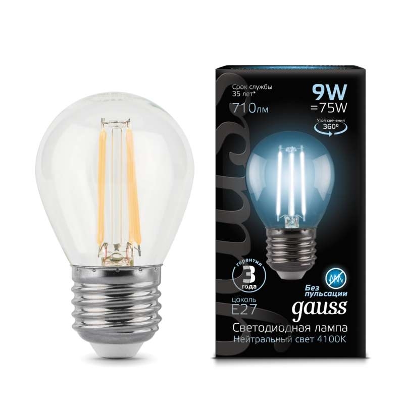 Лампа светодиодная Filament Шар E27 9Вт 4100К Gauss 105802209