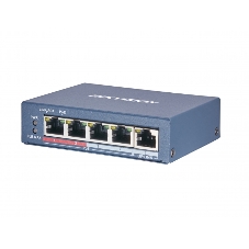 Коммутатор Hikvision DS-3E0105P-E(B) 4 RJ45 100M PoE с грозозащитой 6кВ, 2 порт с высоким приоритетом; 1 Uplink порт 100М Ethernet; бюджет PoE 60Вт; поддержка режима передачи до 250м,10Мб/с, CAT5e; таблица MAC а
