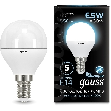 Лампа светодиодная Gauss 6.5Вт цок.: E14 шар 220B 4100K св. свеч. бел.нейт. (упак.: 10 шт)