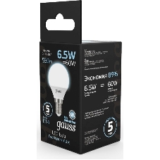 Лампа светодиодная Gauss 6.5Вт цок.: E14 шар 220B 4100K св. свеч. бел.нейт. (упак.: 10 шт)