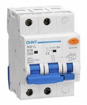 Выключатель автоматический дифференциального тока CHINT NB1L 2P C16 30mA тип AC 10kA (54мм)