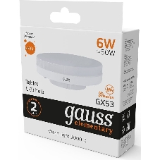 Лампа светодиодная Gauss Elementary GX53 6Вт цок.:GX53 таблетка 220B 2700K св.свеч.бел.теп. (упак.:10шт) (83816)