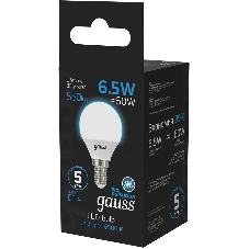 Лампа светодиодная Gauss 105101307 6.5Вт цок.:E14 шар 220B 6500K св.свеч.бел.хол. (упак.:10шт)