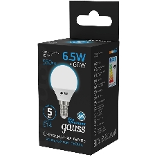Лампа светодиодная Gauss 105101307 6.5Вт цок.:E14 шар 220B 6500K св.свеч.бел.хол. (упак.:10шт)
