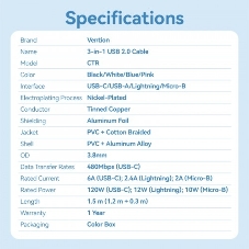 Кабель Vention 3 в 1 USB 2.0 AM/Micro-B, USB-C, Lightning M 1.5м. белый 6A, шт.