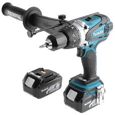 Дрель-шуруповерт Makita DHP458RFE аккумуляторная ударная[DHP458RFE]{18В,2х3Ач Li-ion,БЗП-13мм,0-400\2000об\м,91\58Нм,2.3кг,чем,мет редуктор,бок рукоятка}