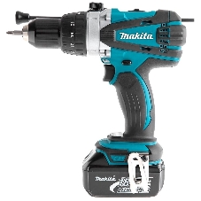Дрель-шуруповерт Makita DHP458RFE аккумуляторная ударная[DHP458RFE]{18В,2х3Ач Li-ion,БЗП-13мм,0-400\2000об\м,91\58Нм,2.3кг,чем,мет редуктор,бок рукоятка}