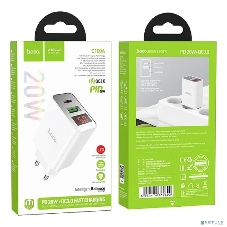 Сетевое зарядное устройство с дисплеем Hoco 18Вт, 3А, QC3.0/PD, 1хUSB, 1хType-C, C100A, белый, коробка