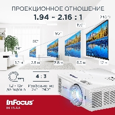Проектор InFocus IN114.AA DLP, 4000 lm, XGA, 30 000:1, 1.94~2.16:1, HDMI 1.4, VGA in, S-Video, 3.5mm in/out, USB-A, лампа 15 000ч.(ECO mode), 3W, 27дБ, 2,9 кг, БЕЛЫЙ