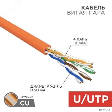 Кабель витая пара Rexant U/UTP, cat.5e, ZH нг(А)-HF, 4PR, 24AWG, INDOOR, SOLID, оранжевый, 305м