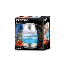 Чайник электрический Centek CT-0059 London, стекло, 1.8л, 2200Вт, LED-подсветка, отделка нерж.