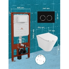 Комплект BAU 6 в 1: усиленная инсталляция BAU IDEAL, унитаз подвесной безободковый торнадо обратного потока Bau Nimb 52х36 Hurricane-2, сиденье дюропласт микролифт, клавиша BAU Round, черная матовая