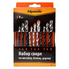 Набор сверл Sparta по бетону 5-6-8 мм, металлу 5-6-8 мм, дереву 5-6-8 мм, 9 шт. цилин. хвостовик