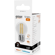 Лампа филам. Gauss Filament 8Вт цок.:E27 шар св.свеч.бел.теп. (упак.:10шт) (52218)