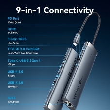 USB-концентратор Vention TGVHB, USB Type-C, HDMI/Ethernet/USB-A/USB-C/TF/mini-jack/microSD/microSDHC/microSDXC, USB Type-C