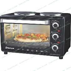Мини-печь Sakura SA-7002HBK 48л, 3600Вт, духовка 2000Вт, конфорки 185мм+155мм (1000Вт+600Вт), механ.управление, 3 режима работы духовки (верх, низ, верх+низ), раздельная регулировка температуры духовки и конфорок, комплектация - металлическая решетка, противень и ухват. чёрны
