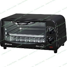 Мини печь Sakura SA-7018B черный, 10 л, мощность 1000 Вт, 2 кварц.нагреват.элемента, регулировка температуры 100-250С, 30-минутный таймер со звонком, световой индикатор работы, противень, решетка