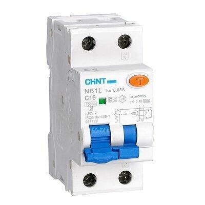 Выключатель автоматический дифференциального тока CHINT 1п+N C 16А 30мА тип AC 10кА NB1L (36мм)