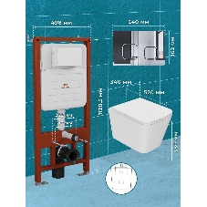 Комплект BAU 6 в 1: усиленная инсталляция BAU IDEAL, унитаз подвесной безободковый торнадо обратного потока Bau Stil 52х36 Hurricane-2, сиденье дюропласт микролифт, клавиша BAU Strike, хром