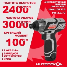 Дрель-шуруповерт ИНТЕРСКОЛ ШАУ-100/12Э АПИ-Т, 12В, 2 Ач, 100 Нм, щеточный, ударный
