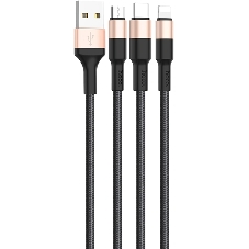 Кабель USB HOCO X26 Xpress 3 в 1 для Lightning, Micro USB, Type-C, 2.0A, длина 1.0м, черный с золотым