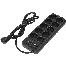 Сетевой фильтр-удлинитель PowerCom SP-10 USB2A1CB 3.0M, 10 розеток, черный, 16А, 4кВт, 204Дж, защитные шторки, защита от КЗ, перегрузки и импульсных помех, один порт USB-C(PD20W) и два USB-A(QC3.0) суммарной мощностью 15Вт, кабель 3x1.5 мм2, ШхГхВ 268х105х43 мм, вес 0.77 кг.