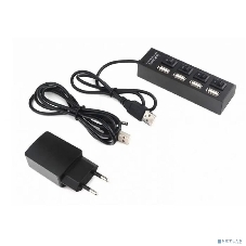 Разветвитель USB2.0 Gembird 4xUSB, блок питания 2А, подсветка и выкл, кабель USB 55 см, черный