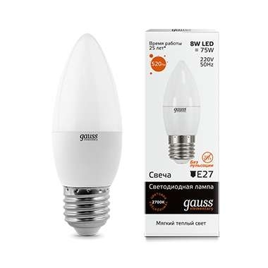 Лампа светодиодная LED Gauss Elementary Candle E27 8Вт 3000К
