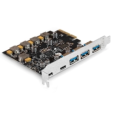 Контроллер ExeGate EXE-313-3A2C (PCI-E x4 v3.0, USB3.2 Gen2 3xType-A + 2xType-C ext., SuperSpeed+ скорость до 10 Gbит/с, разъем доп.питания, ASMedia Chipset ASM3142)