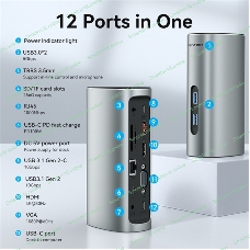 USB-концентратор Vention USB-C to HDMI/VGA/USB 3.1 Gen 2/USB 3.1 Gen 2-C/USB 3.0x2/RJ45/SD/TF/TRRS 3.5мм/PD/DC Docking Station Gray Vertical Aluminum Alloy Type EU Standard