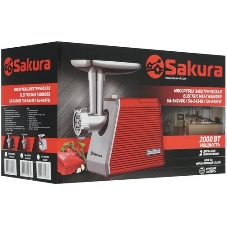 Мясорубка электрическая Sakura SA-6424R красный, 2000 Вт, 3.5 кг/мин, реверс, защита от перегрузки, металлический лоток, насадки - 4
