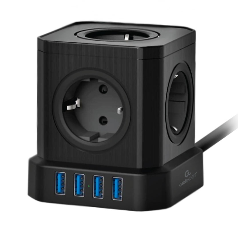 Сетевой фильтр Cablexpert Tower, TWR-5-U4-B-2, 5 р, 10А, 4хUSB, 3.1А, 2 м, ур.защиты 4+, черный, коробка