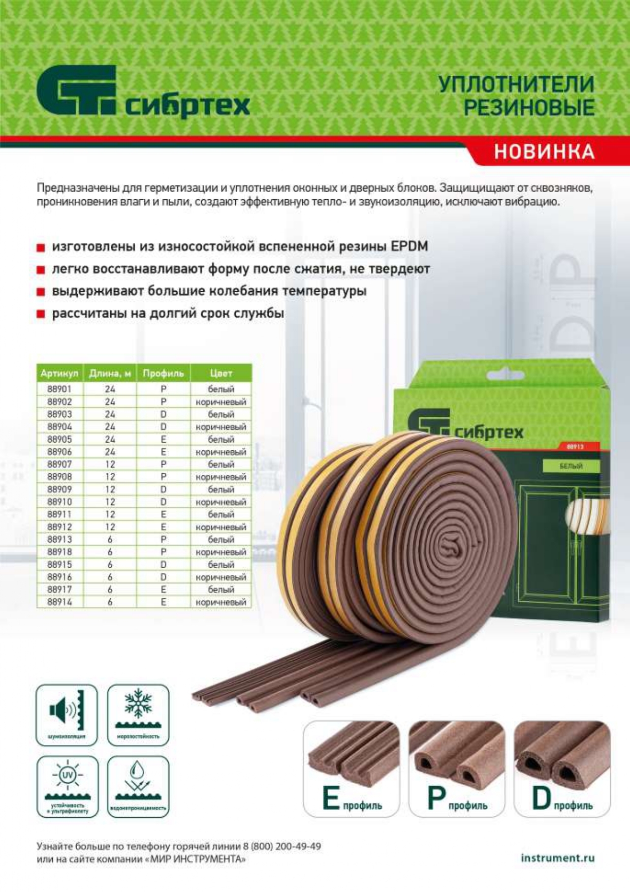 Уплотнитель резиновый Сибртех, 12 м, профиль 