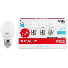 Лампа светодиодная Gauss Elementary 53226T 6Вт цок.: E27 шар 180B 4100K св. свеч. белый. нейт. (упак.: 3 шт)