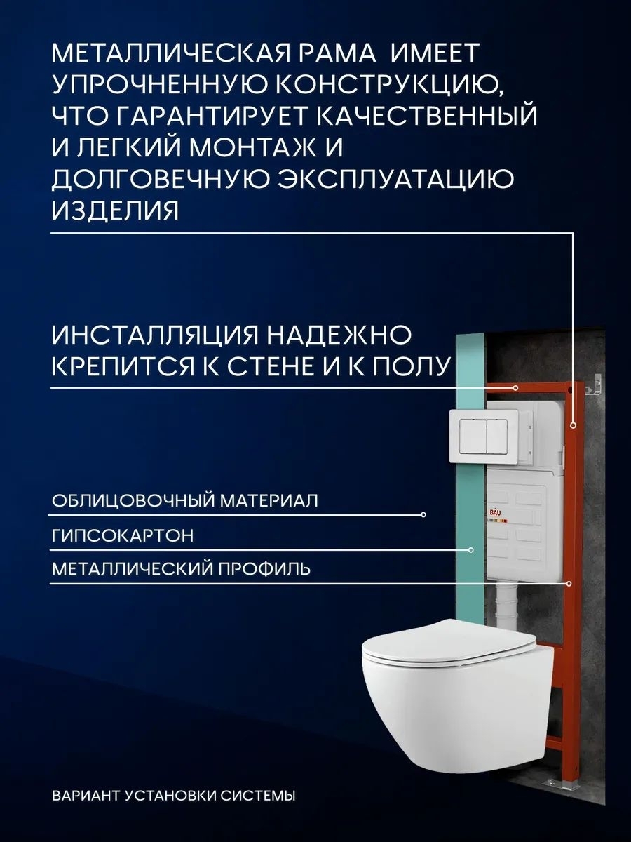 Комплект BAU 6 в 1: усиленная инсталляция BAU IDEAL, унитаз подвесной Rio Luxe 52*35, сиденье микролифт, кнопка смыва BAU Light антивандальная для инсталляции IDEAL, нержавеющая сталь брашированная