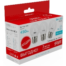 Лампа светодиодная Gauss Elementary 53226T 6Вт цок.: E27 шар 180B 4100K св. свеч. белый. нейт. (упак.: 3 шт)