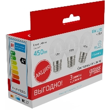 Лампа светодиодная Gauss Elementary 53226T 6Вт цок.: E27 шар 180B 4100K св. свеч. белый. нейт. (упак.: 3 шт)