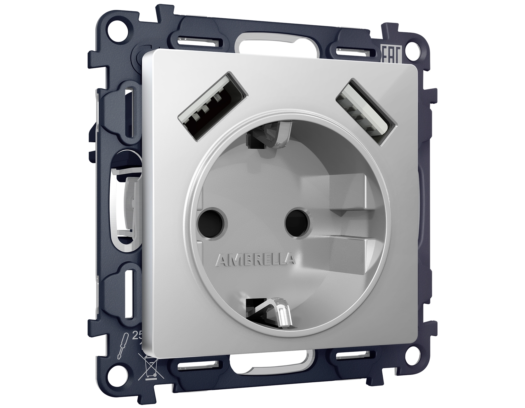 Комплект механизма электрической розетки ALFA Серебро глянец 2USB A+A 18W (быстрая зарядка) с/з QUANT (AP4090, VM155) MA409010