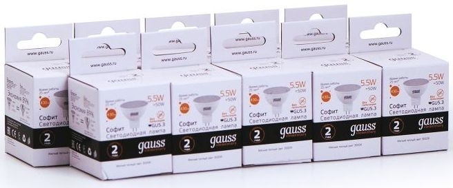 Лампа светодиодная Gauss Elementary MR16 5.5Вт цок.: GU5.3 спот 220B 3000K св. свеч. белый. теп. (упак.: 10 шт)