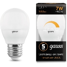 Лампа светодиодная Gauss 7Вт цок.: E27 шар 220B 3000K св. свеч. белый теп. (упак.: 10 шт)