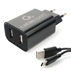 Сетевое зарядное устройство Cablexpert MP3A-PC-37 USB 2 порта, 2.4A, черный + кабель 1м Type-C
