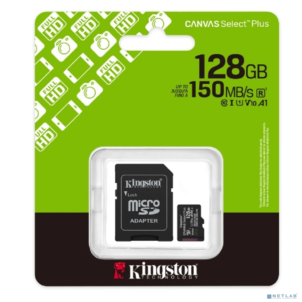 Флеш карта Micro SecureDigital 128Gb Kingston Canvas Select Plus Gen3 150Mb/s A1,, адаптер в комплекте