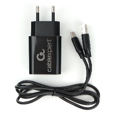 Сетевое зарядное устройство Cablexpert MP3A-PC-37 USB 2 порта, 2.4A, черный + кабель 1м Type-C