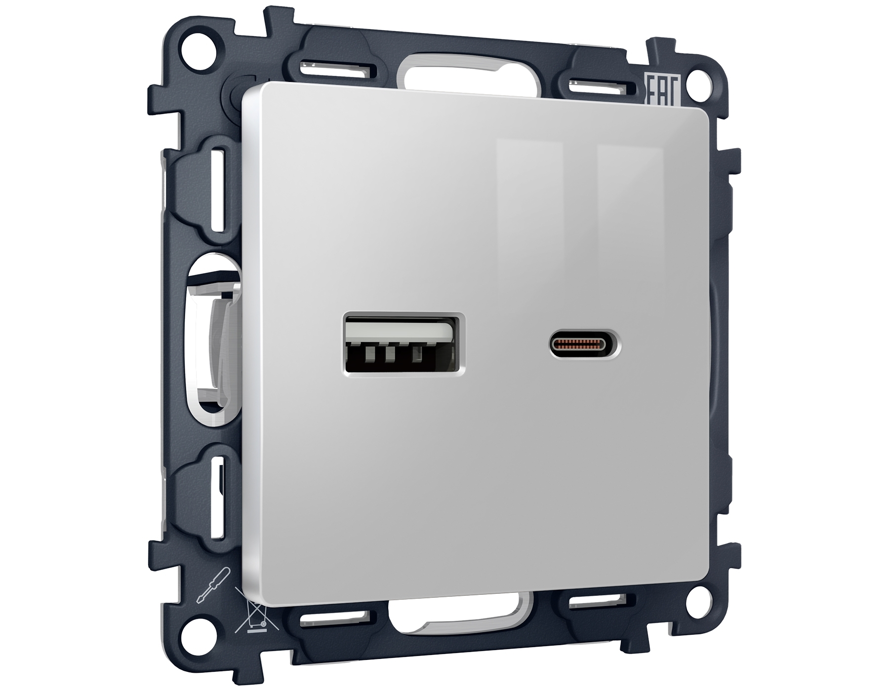 Комплект механизма розетки ALFA Серебро глянец 2USB A+C 20W (быстрая зарядка) QUANT (AP4110, VM177) MA411010