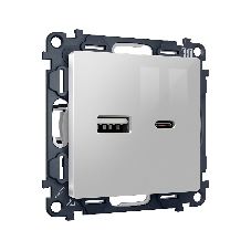 Комплект механизма розетки ALFA Серебро глянец 2USB A+C 20W (быстрая зарядка) QUANT (AP4110, VM177) MA411010